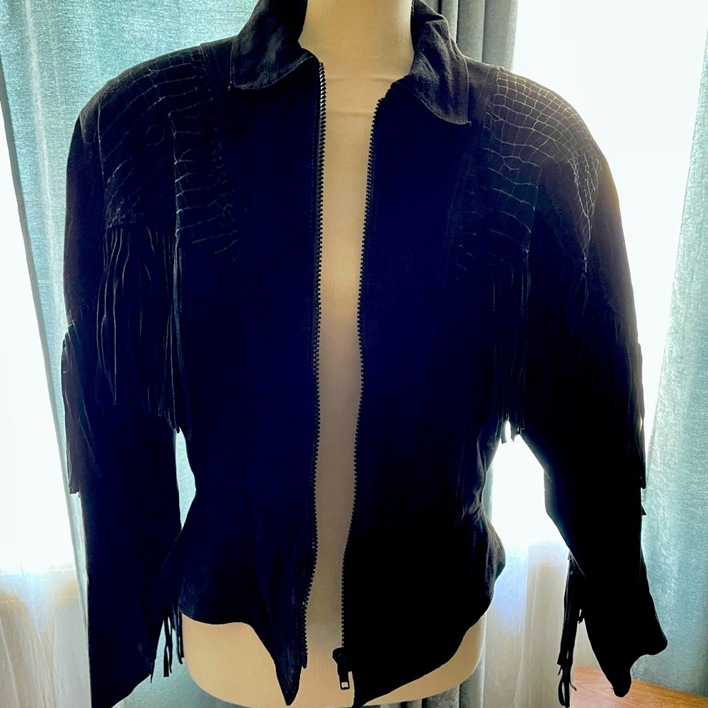 Vintage 90’s Black leather fringe coat, GM, M